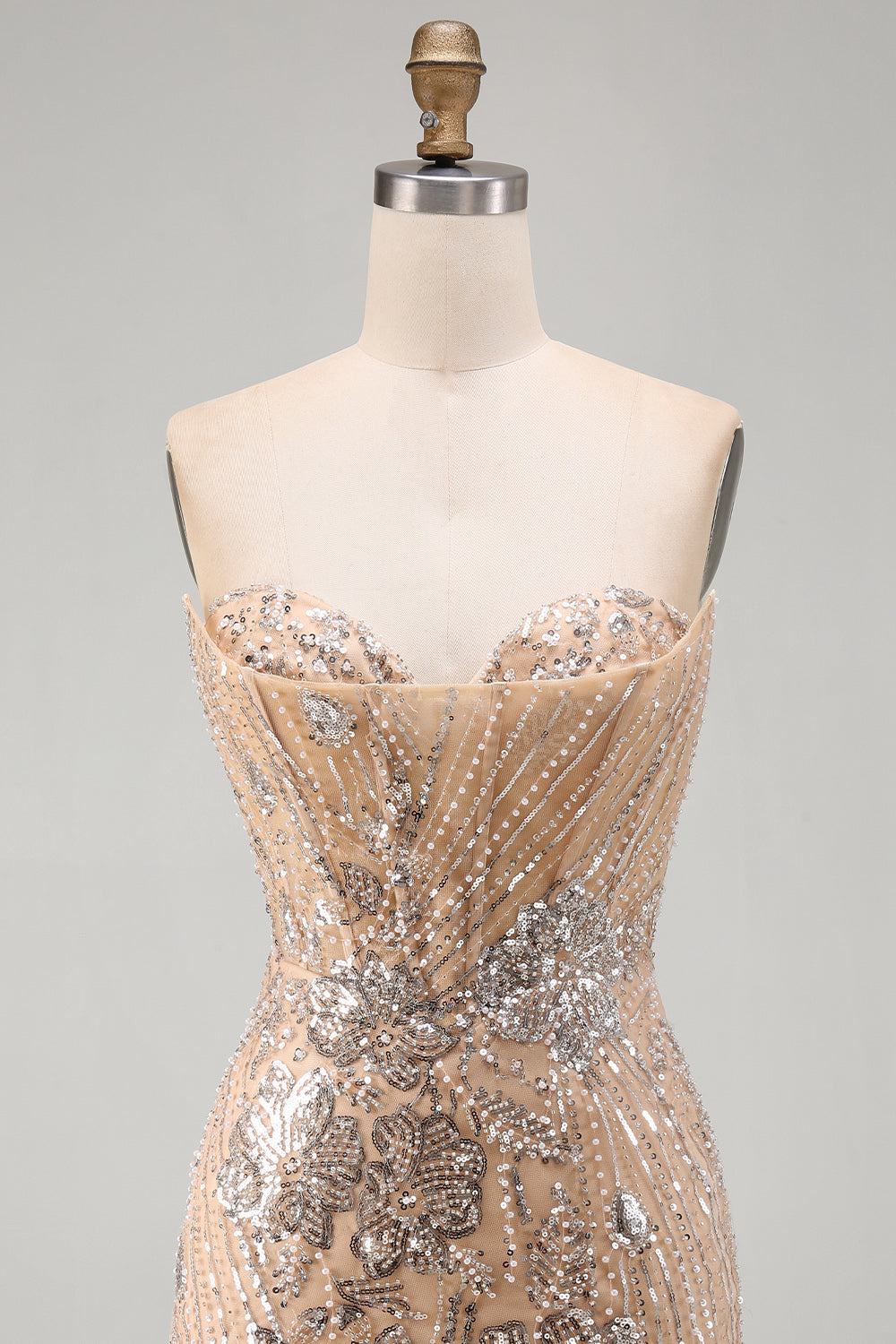 Champagne Corset Floral Sparkly Tight Sequins Short Homecoming Dress