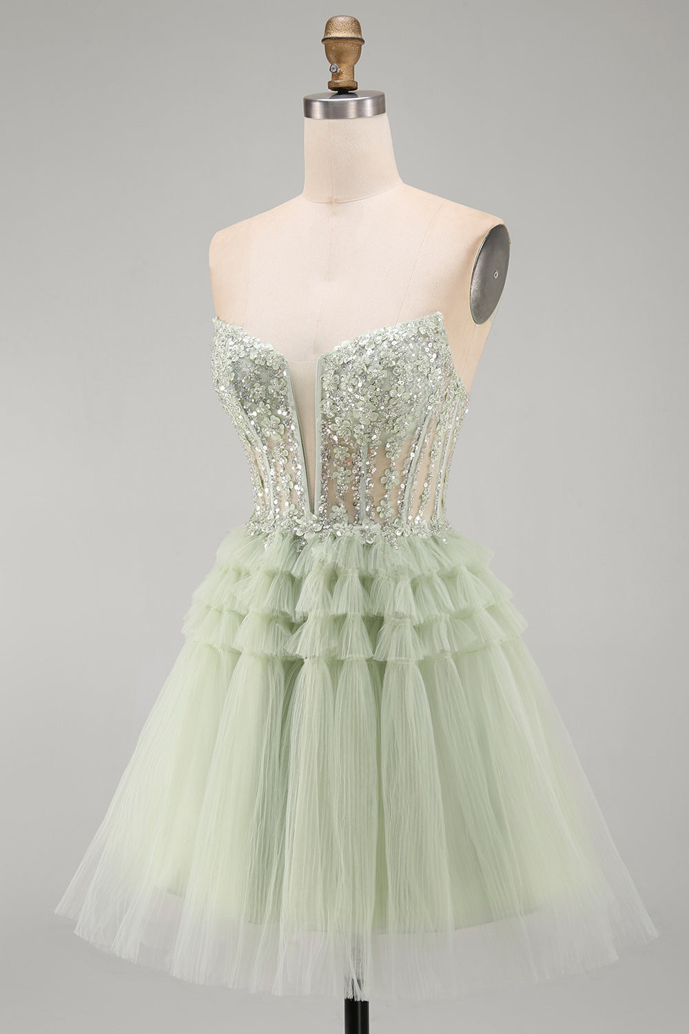 Ruffled Dusty Sage Corset Floral A-Line Short Homecoming Dress