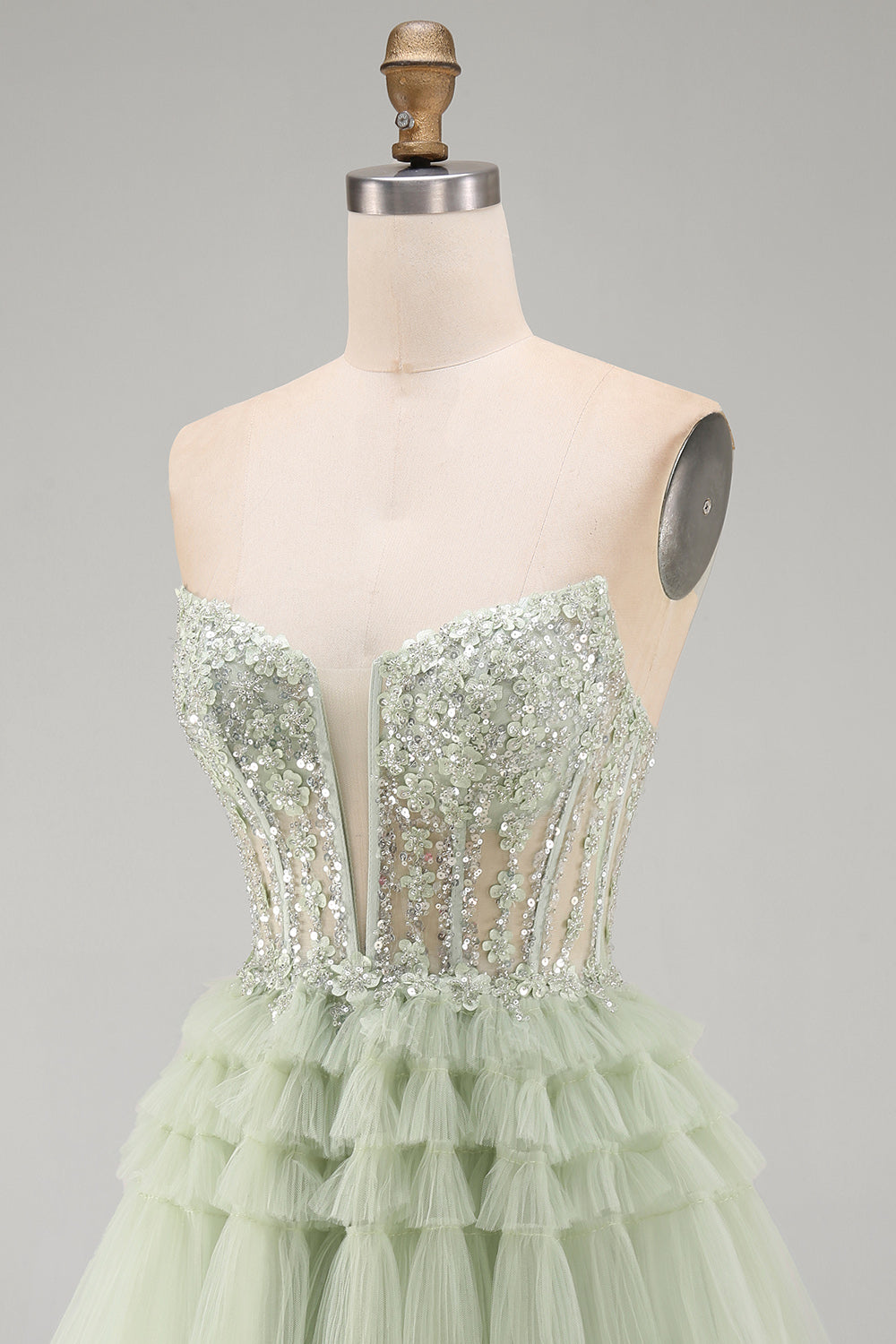 Ruffled Dusty Sage Corset Floral A-Line Short Homecoming Dress
