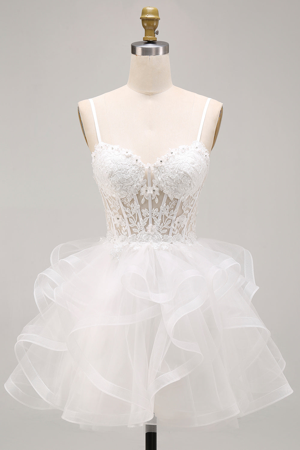 White Corset Floral Beaded Ruffled A-Line Short Homecoming Dress
