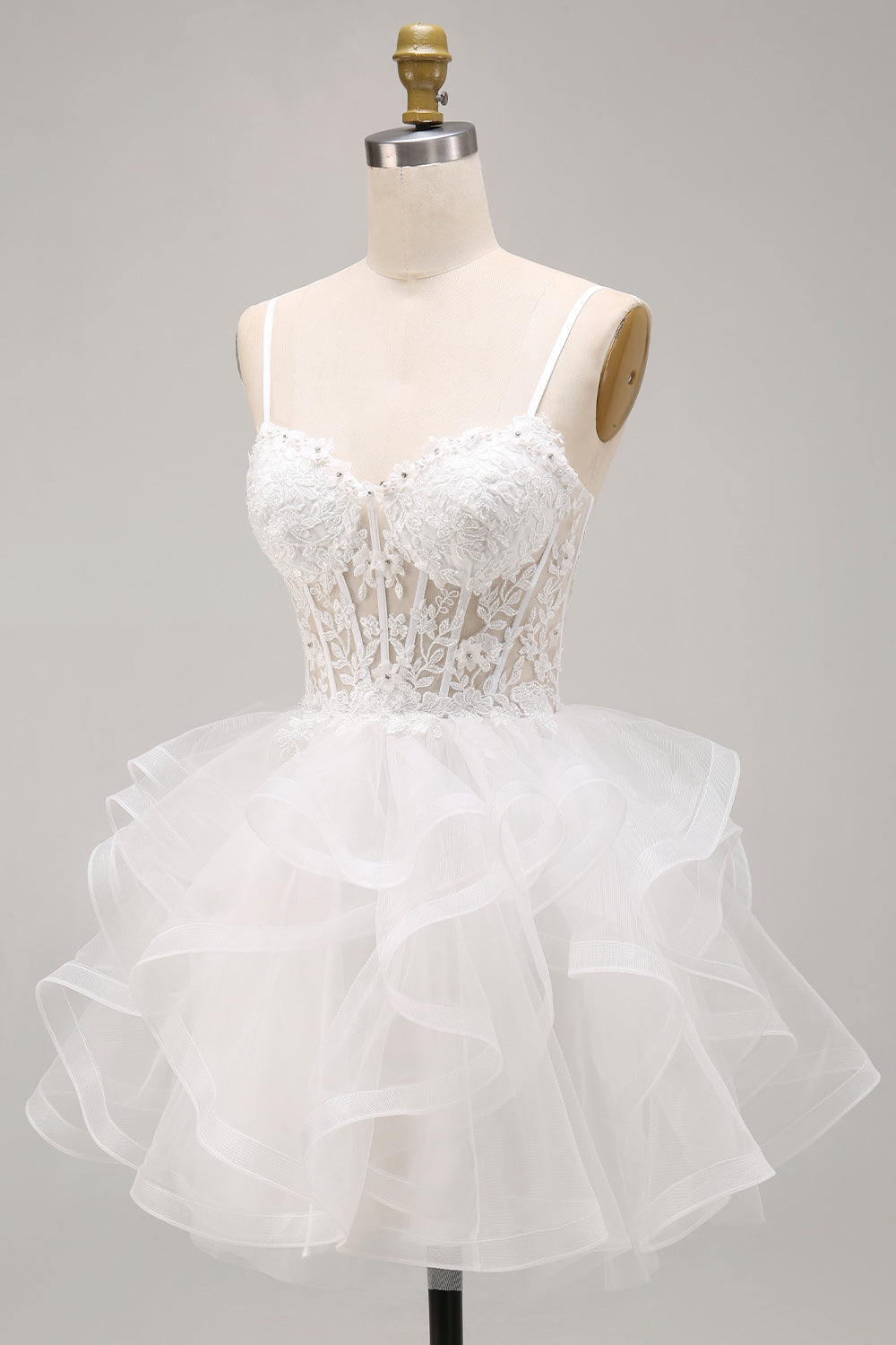 White Corset Floral Beaded Ruffled A-Line Short Homecoming Dress