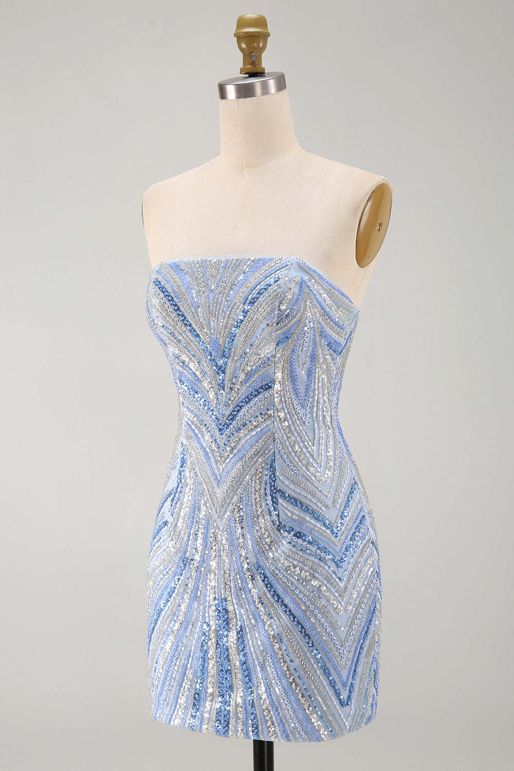 Sparkly Blue Sequins Beaded Strapless Tight Short Homecoming Dress