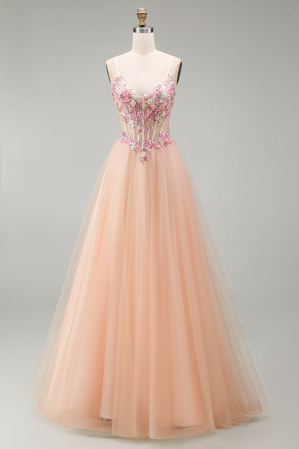 Floral Tulle Champagne Corset Long Prom Dress Beaded A Line Spaghetti Straps Formal Dress