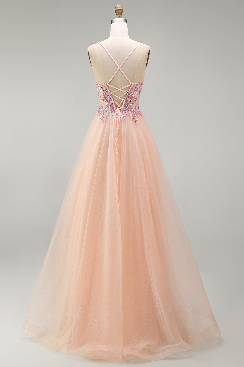 Floral Corset Champagne Beaded Tulle A Line Long Prom Dress