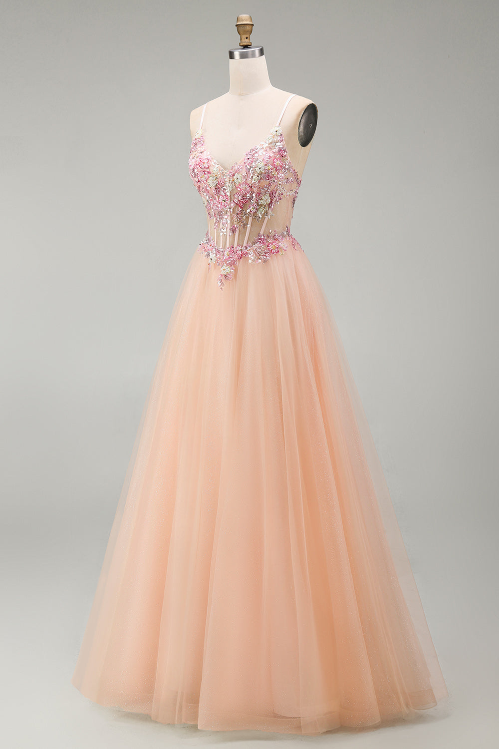 Floral Corset Champagne Beaded Tulle A Line Long Prom Dress