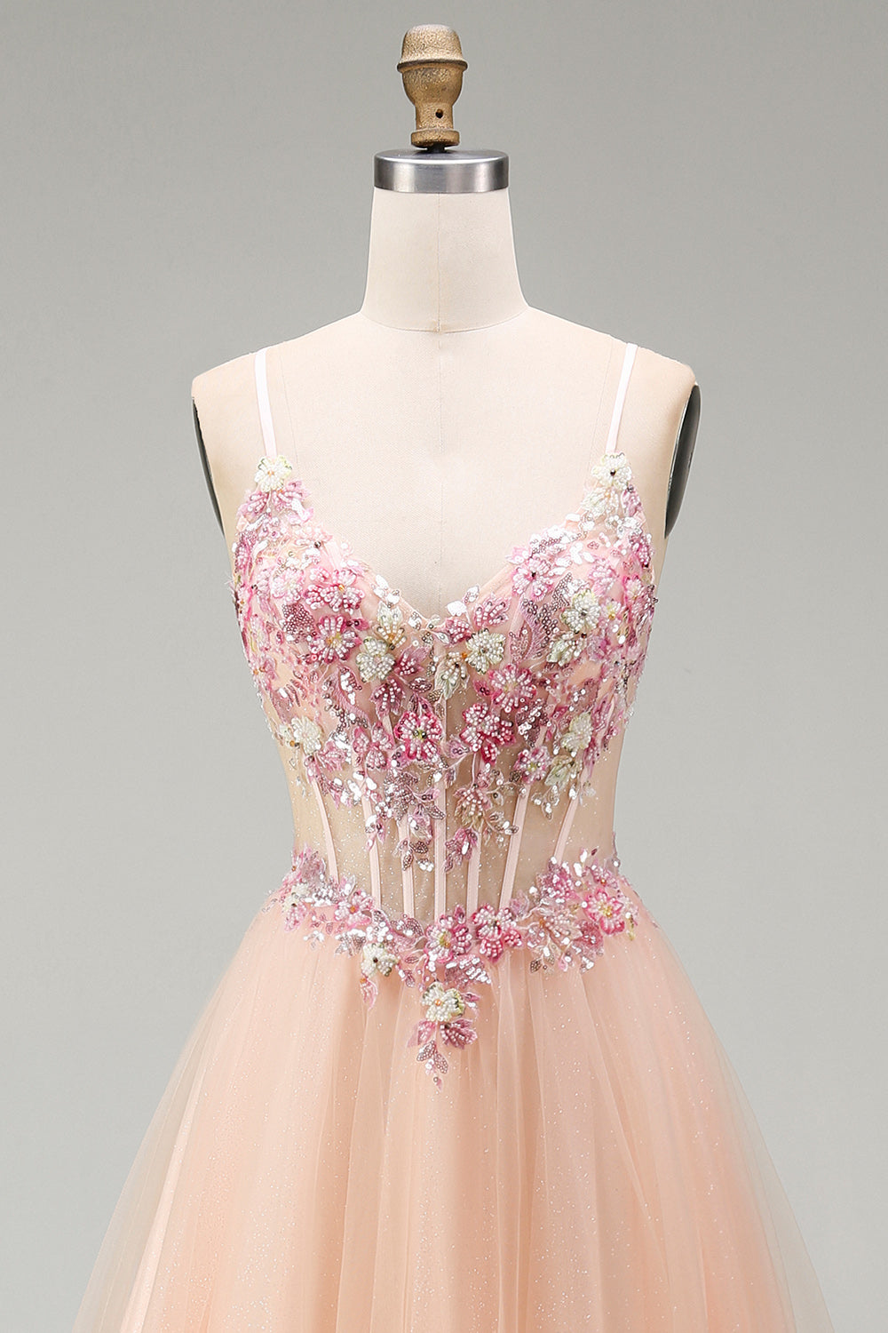 Floral Corset Champagne Beaded Tulle A Line Long Prom Dress