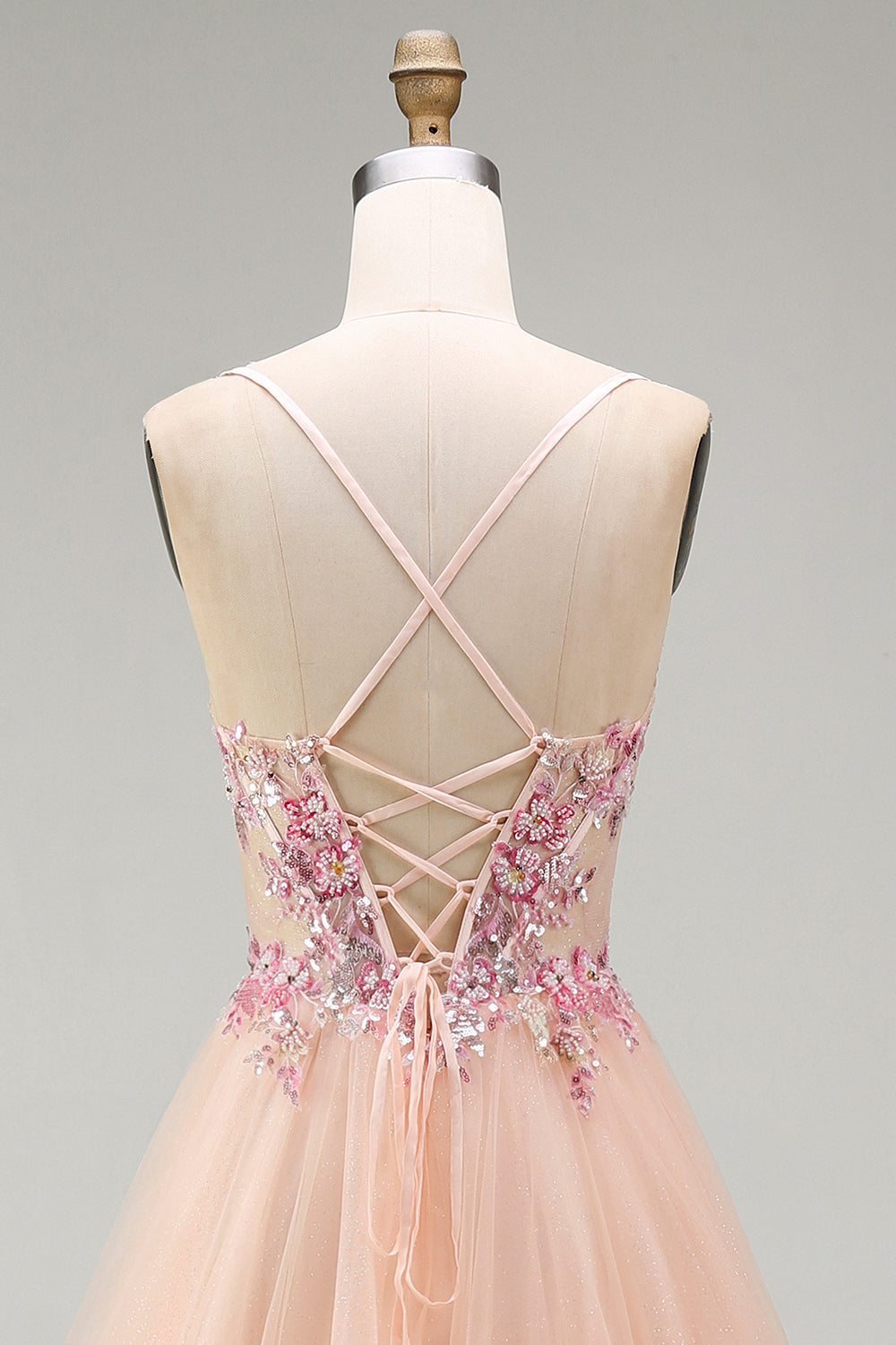 Floral Corset Champagne Beaded Tulle A Line Long Prom Dress