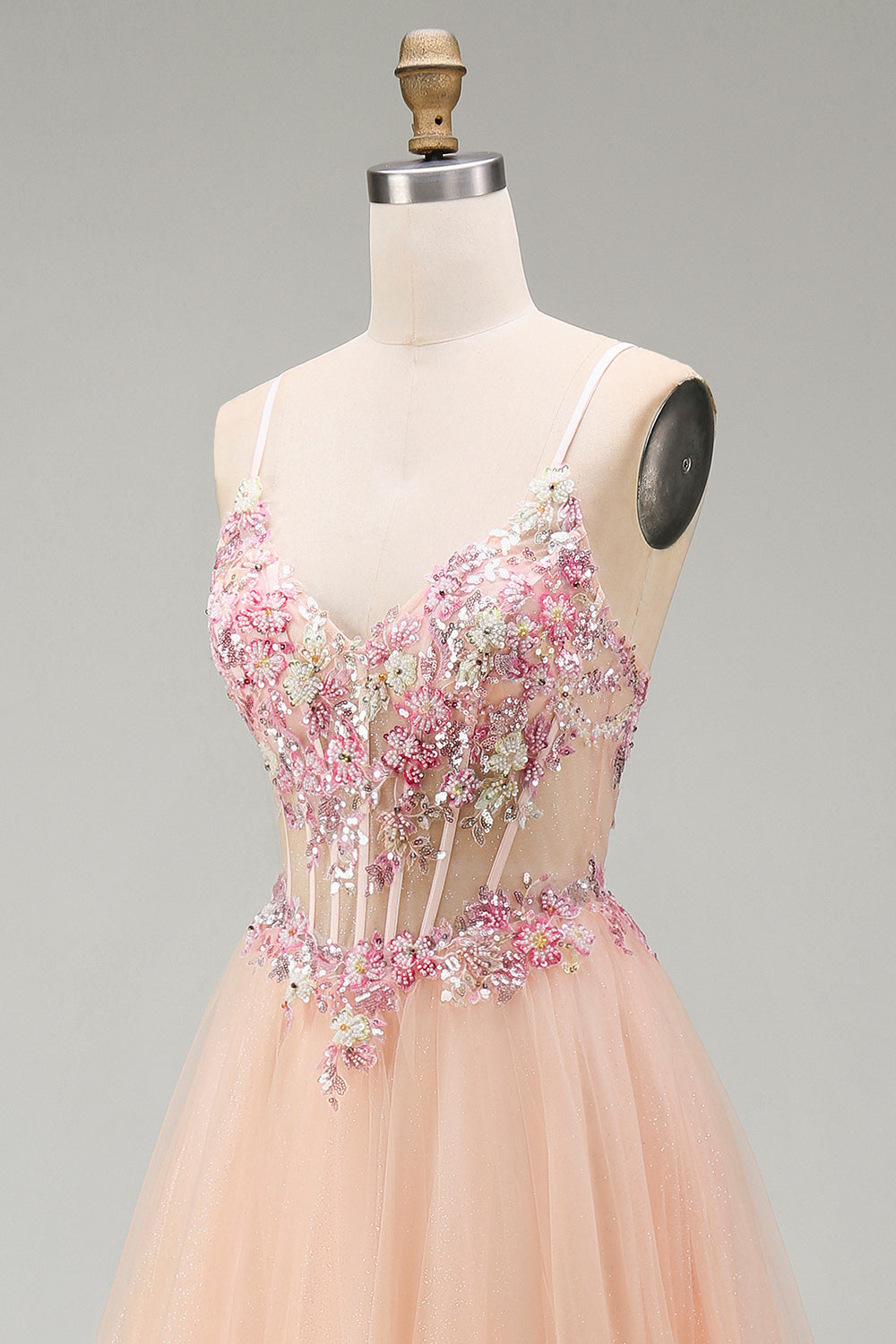 Floral Corset Champagne Beaded Tulle A Line Long Prom Dress