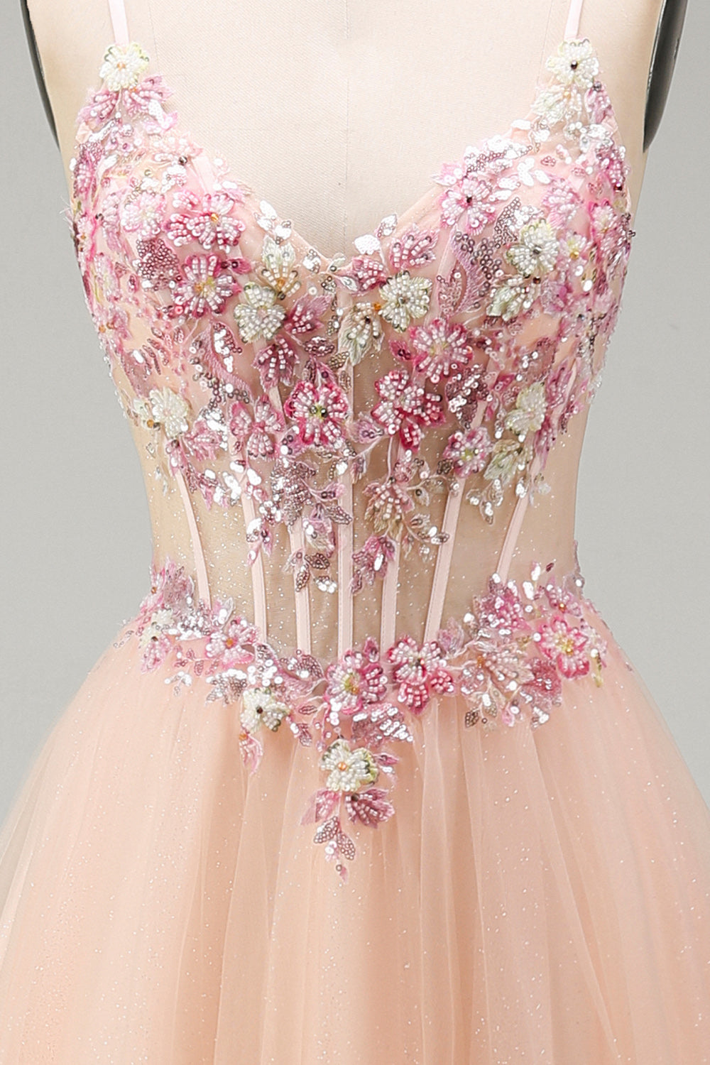 Floral Corset Champagne Beaded Tulle A Line Long Prom Dress