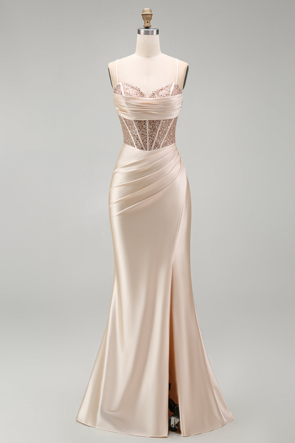 Sparkly Beaded Champagne Corset Long Prom Dress with Slit Satin Mermaid Spaghetti Straps Ruched Formal Dress