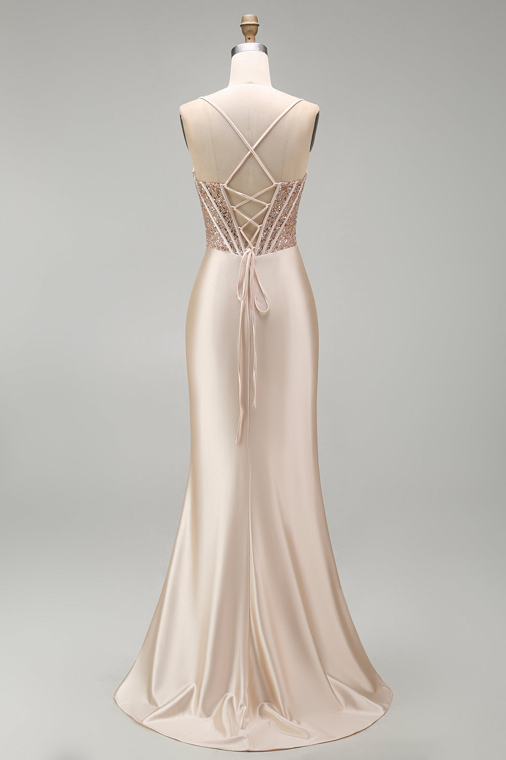 Champagne Beaded Corset Satin Mermaid Long Prom Dress with Slit