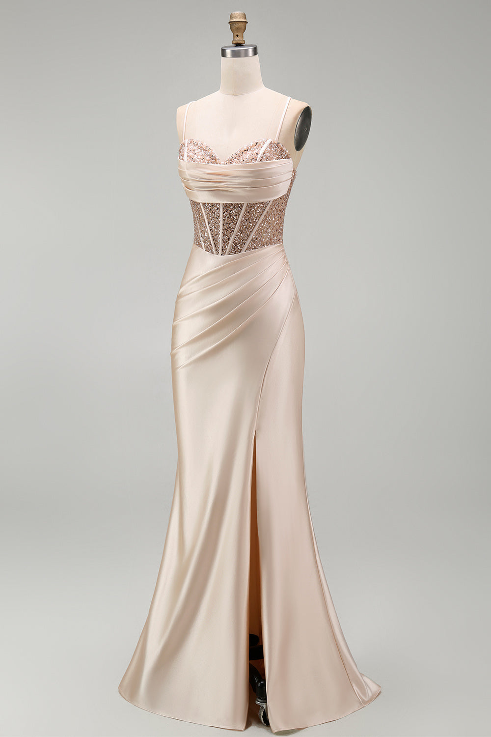 Champagne Beaded Corset Satin Mermaid Long Prom Dress with Slit