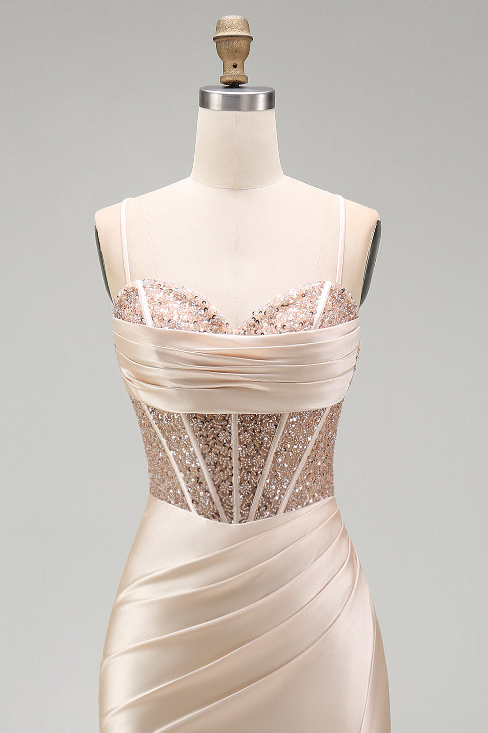 Champagne Beaded Corset Satin Mermaid Long Prom Dress with Slit