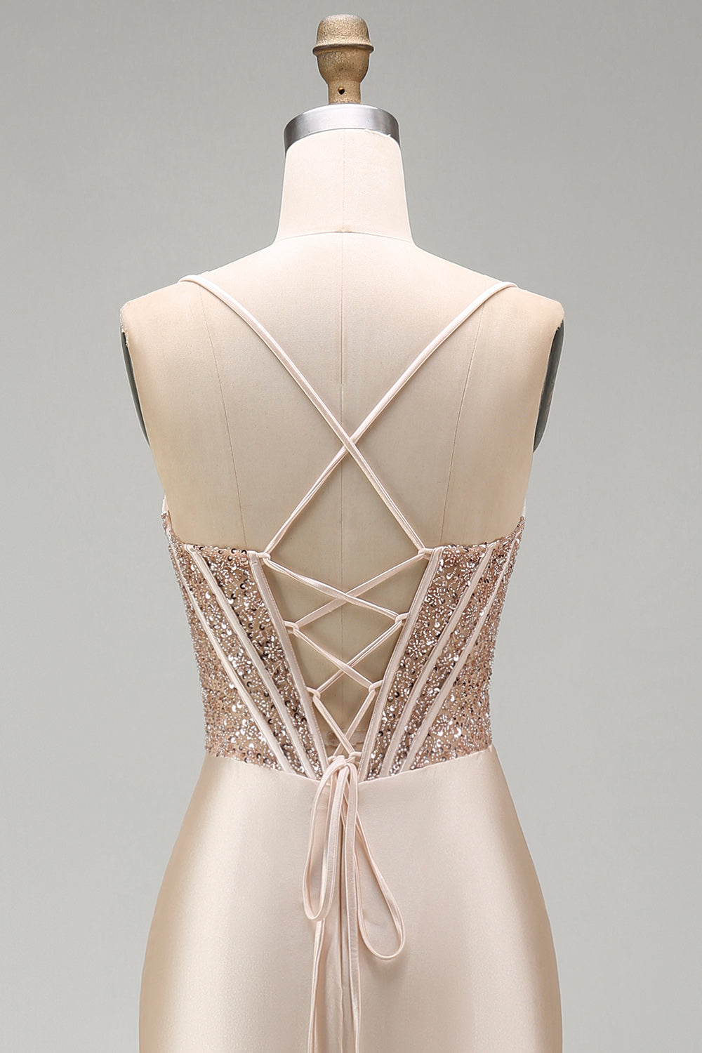 Champagne Beaded Corset Satin Mermaid Long Prom Dress with Slit
