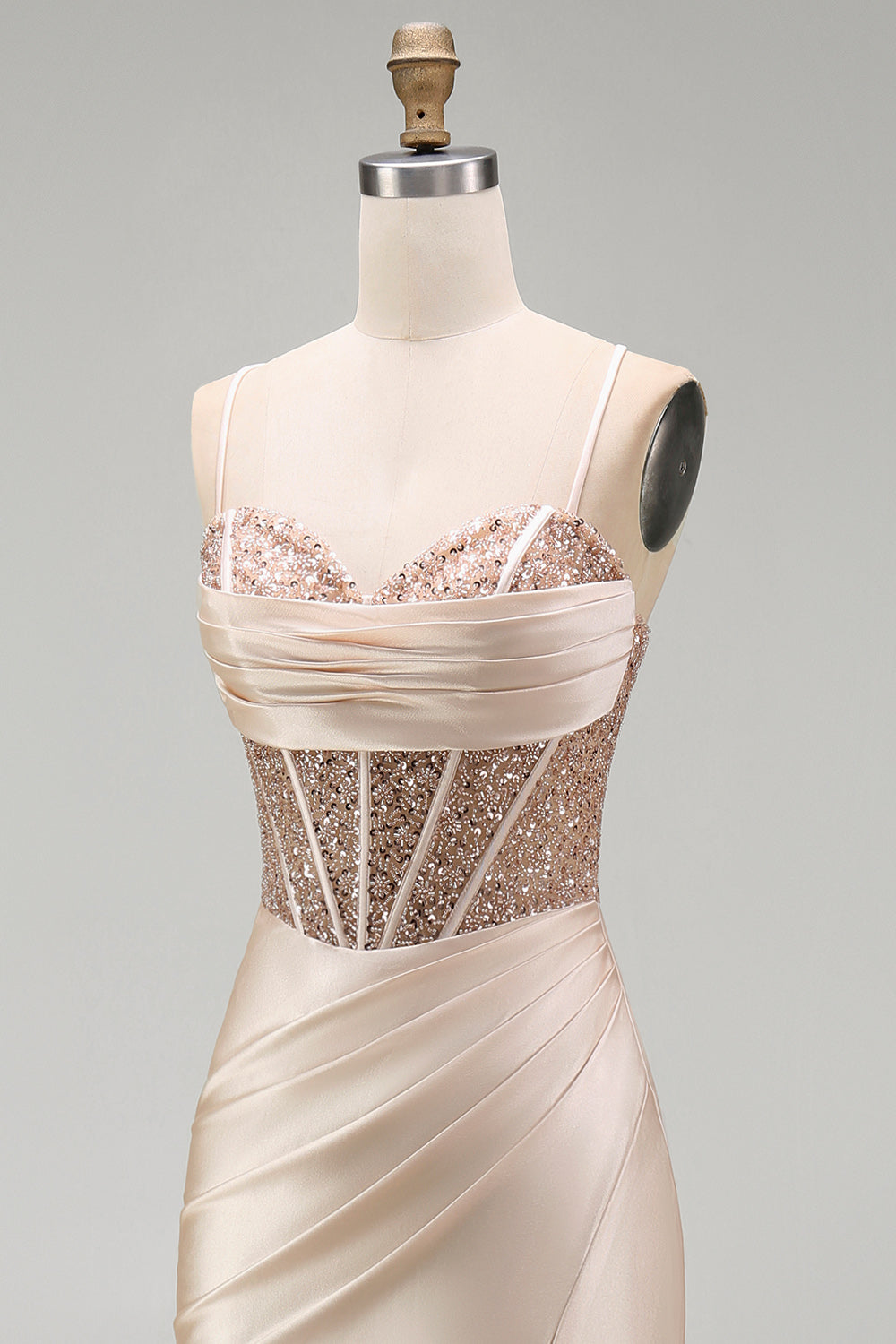 Champagne Beaded Corset Satin Mermaid Long Prom Dress with Slit