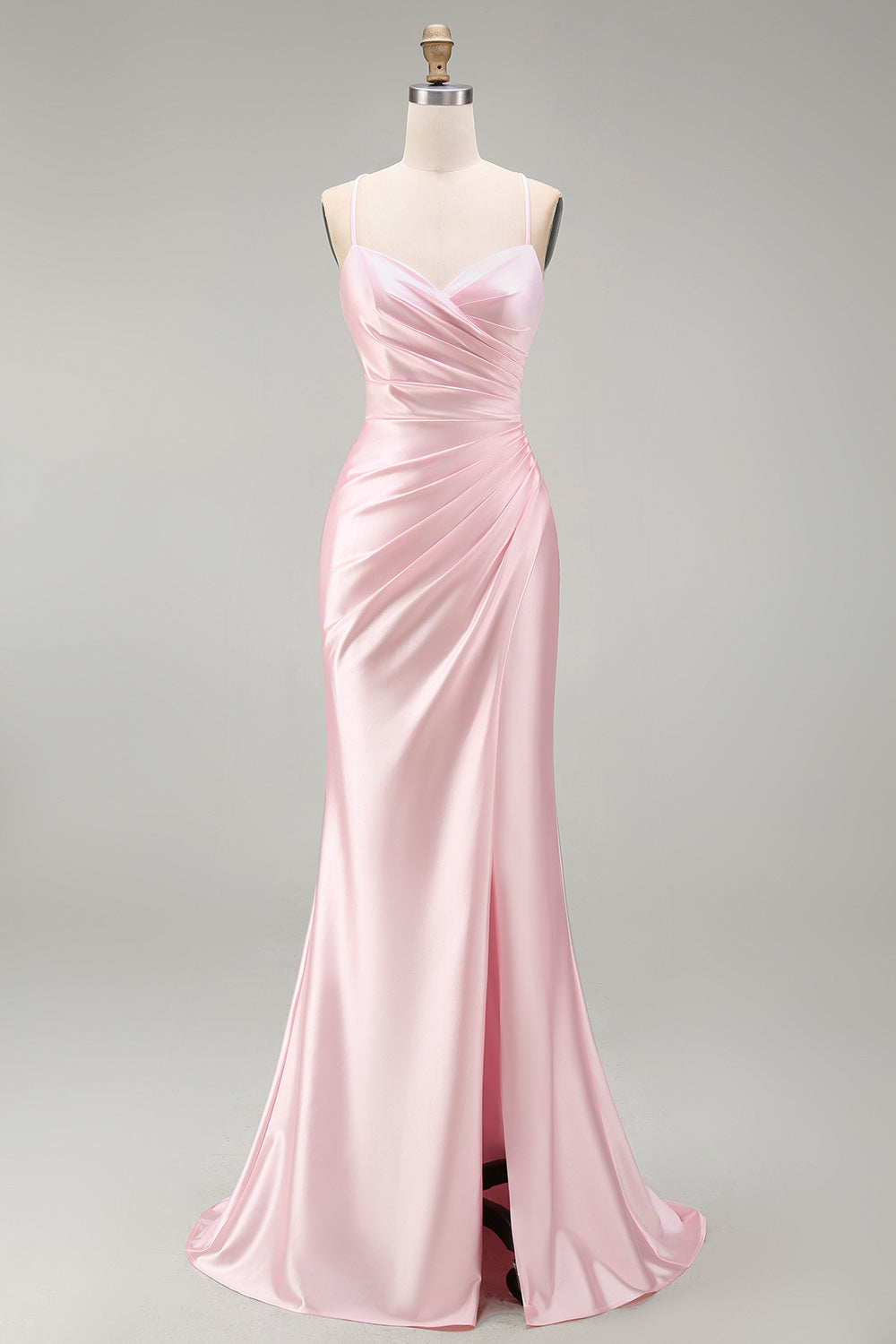 Pink Satin Ruched Long Prom Dress with Slit Mermaid Spaghetti Straps Formal Dress