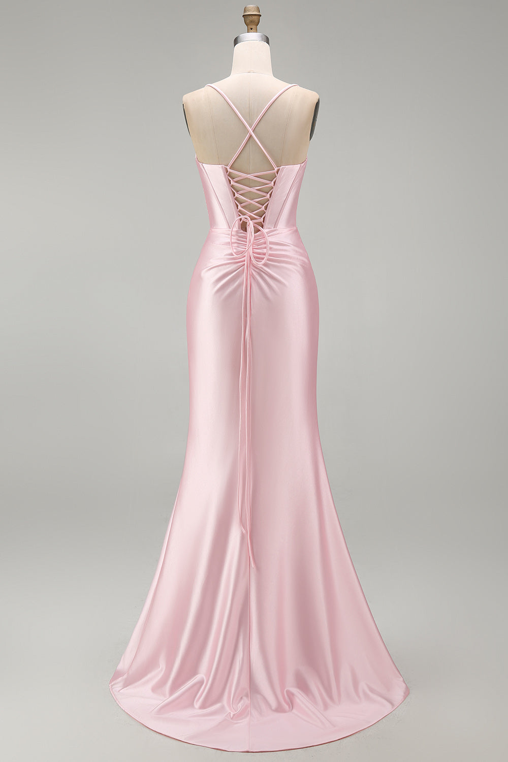 Pink Mermaid Satin Ruched Long Prom Dress with Slit