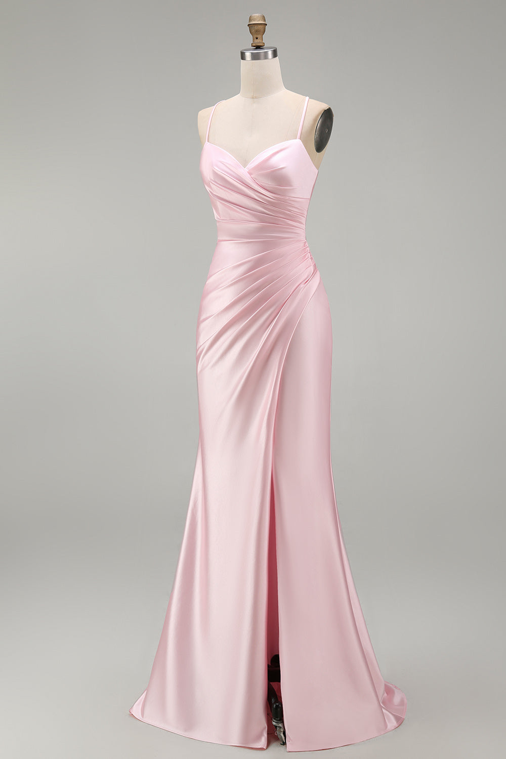 Pink Mermaid Satin Ruched Long Prom Dress with Slit