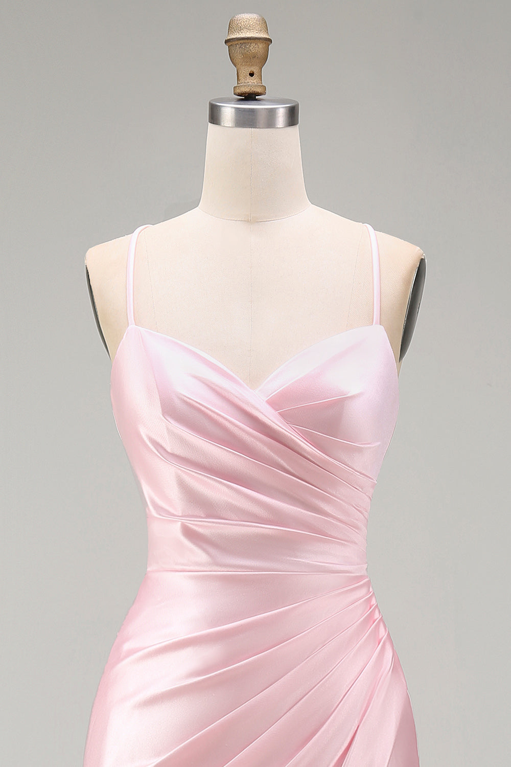 Pink Mermaid Satin Ruched Long Prom Dress with Slit