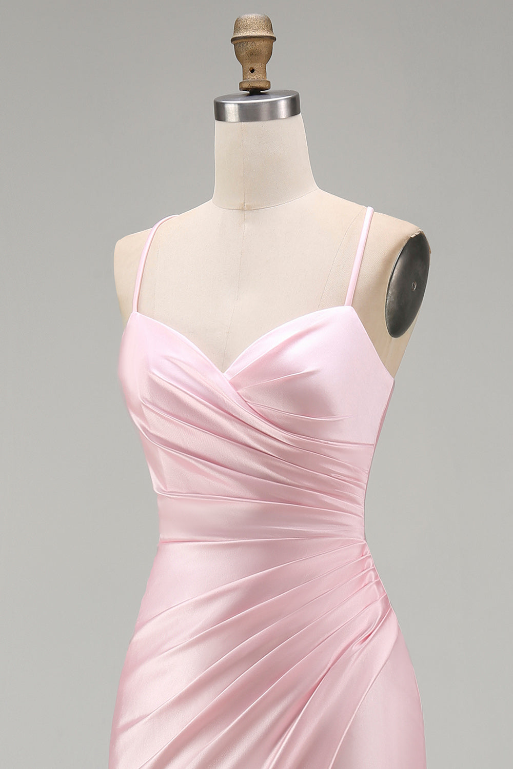 Pink Mermaid Satin Ruched Long Prom Dress with Slit