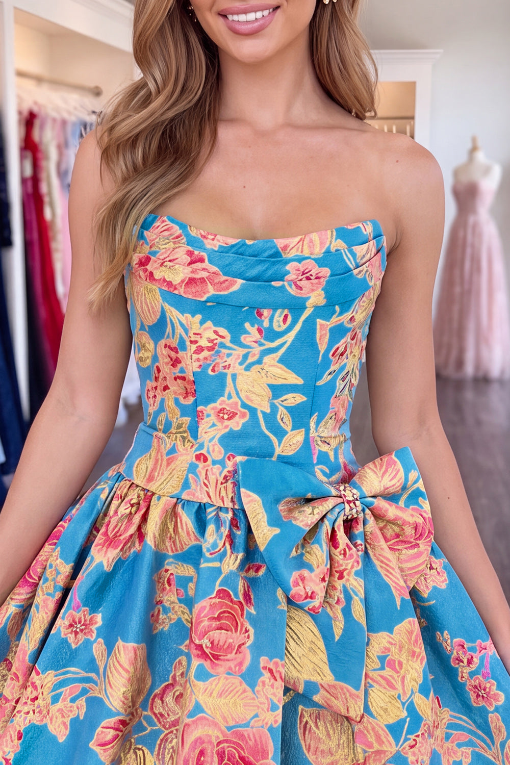 Floral Strapless Blue A-Line Short Homecoming Dress with Bow