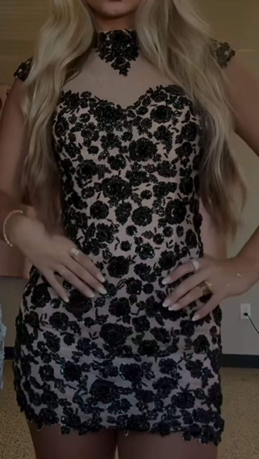 Black Sparkly Floral Sequins Short Homecoming Dress Bodycon High Neck Cap Sleeves Cocktail Dress