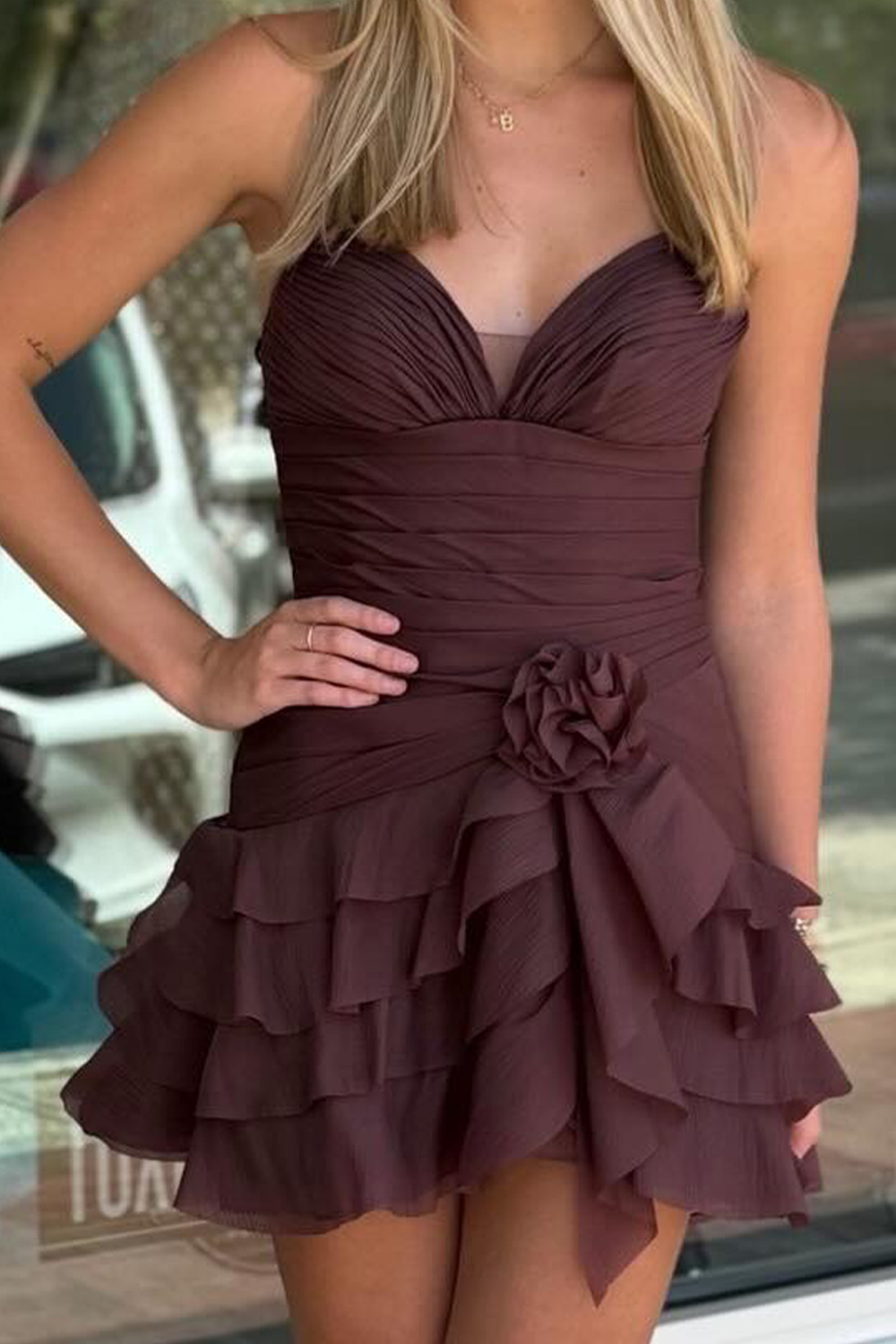 Brown Ruched Strapless Short Homecoming Dress with 3D Flower