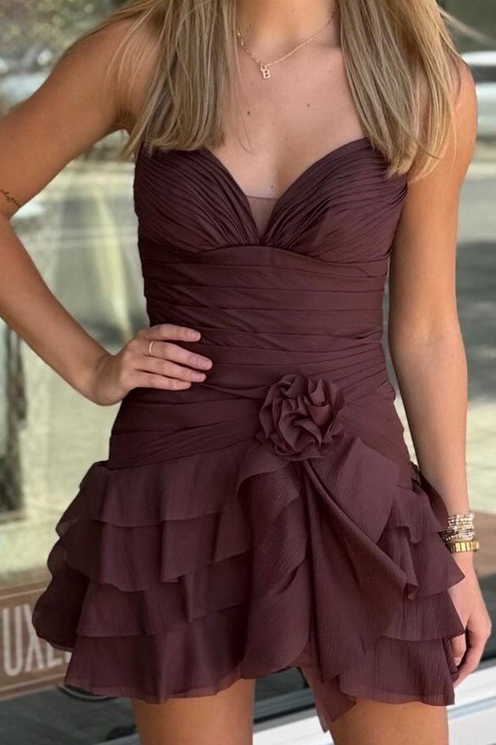 Brown Ruched Strapless Short Homecoming Dress with 3D Flower