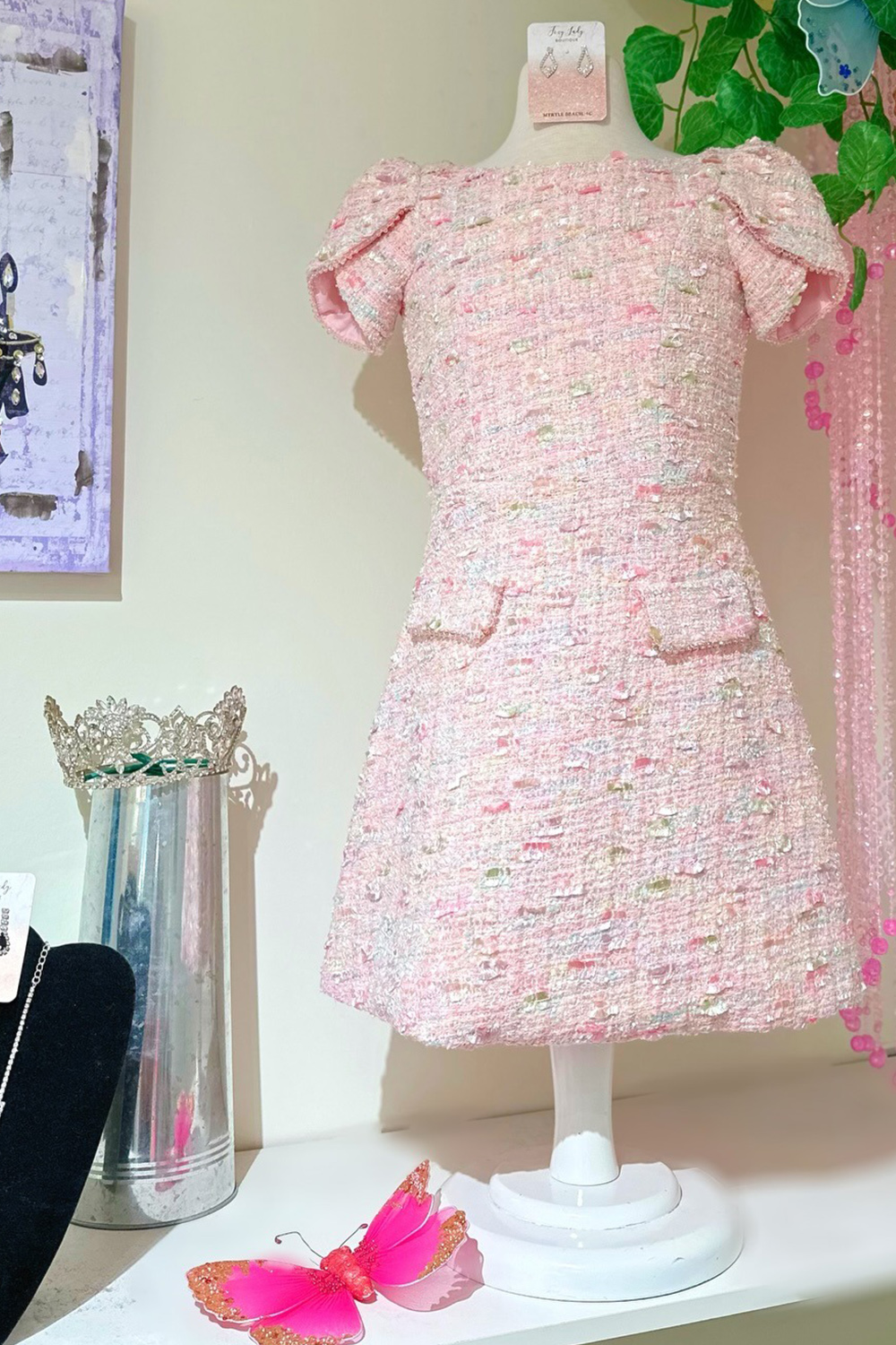 Light Pink A-Line Short Tweed Homecoming Dress Boat Neck Short Sleeves Pageant Interview Dress