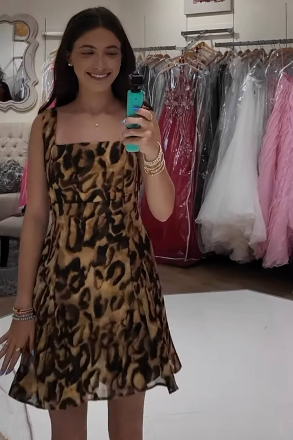 Brown Leopard Square Neck Short Homecoming Dress A-Line Sleeveless Printed Cocktail Dress