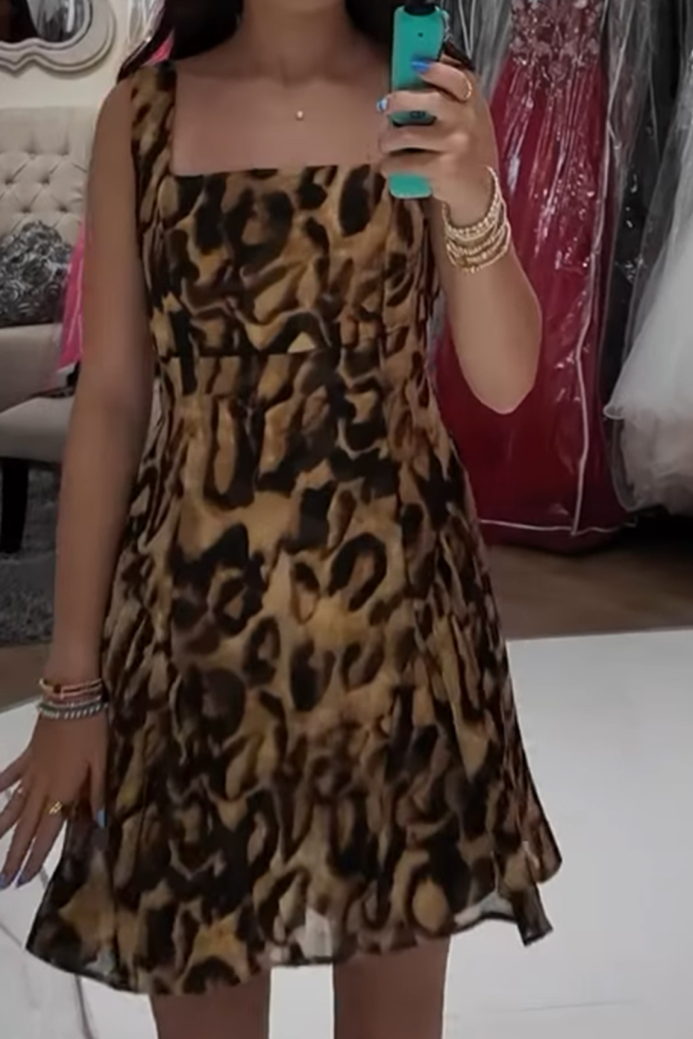 Brown Printed A-Line Square Neck Short Homecoming Dress