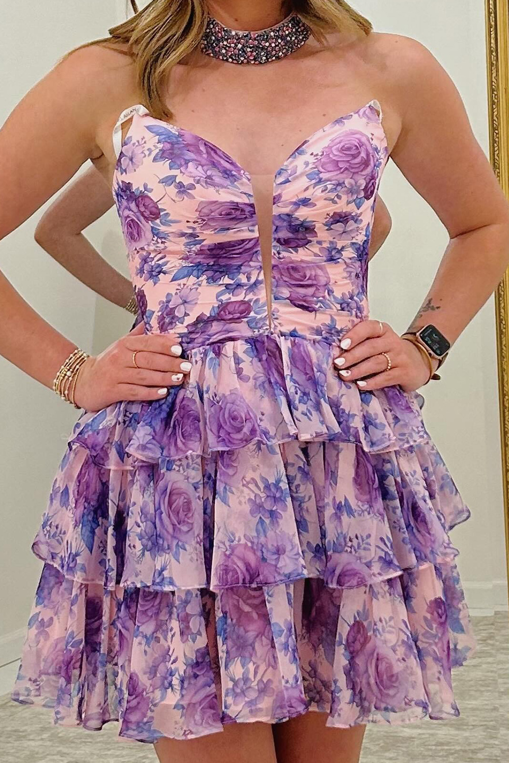 White Pink Flower Printed Strapless Tiered Short Homecoming Dress