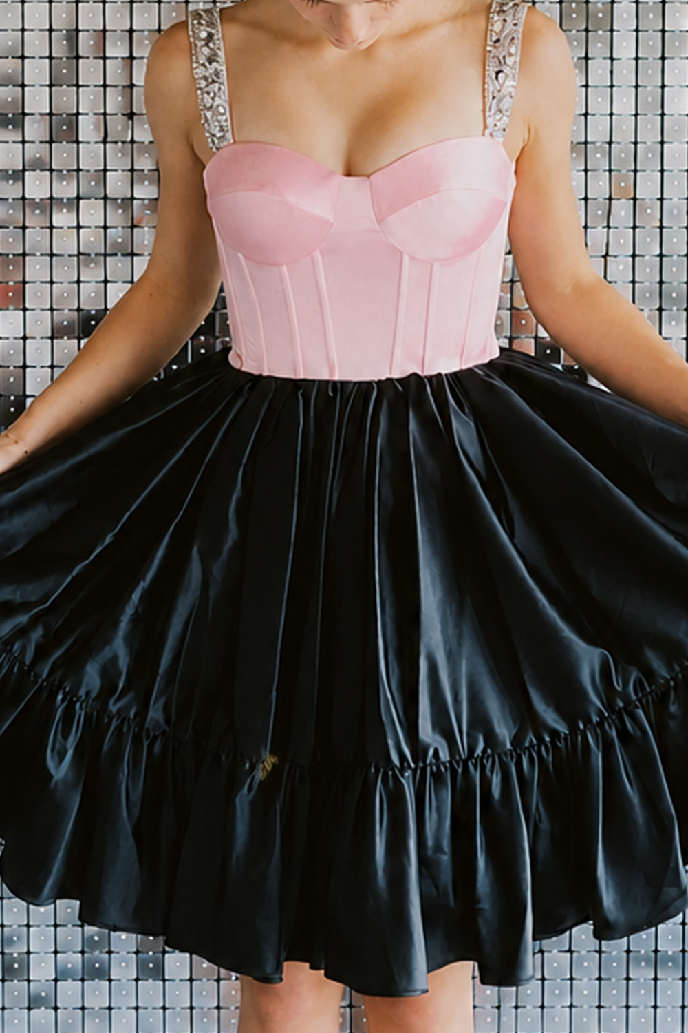 Black and Pink Corset Ruffled Short Homecoming Dress with Beading