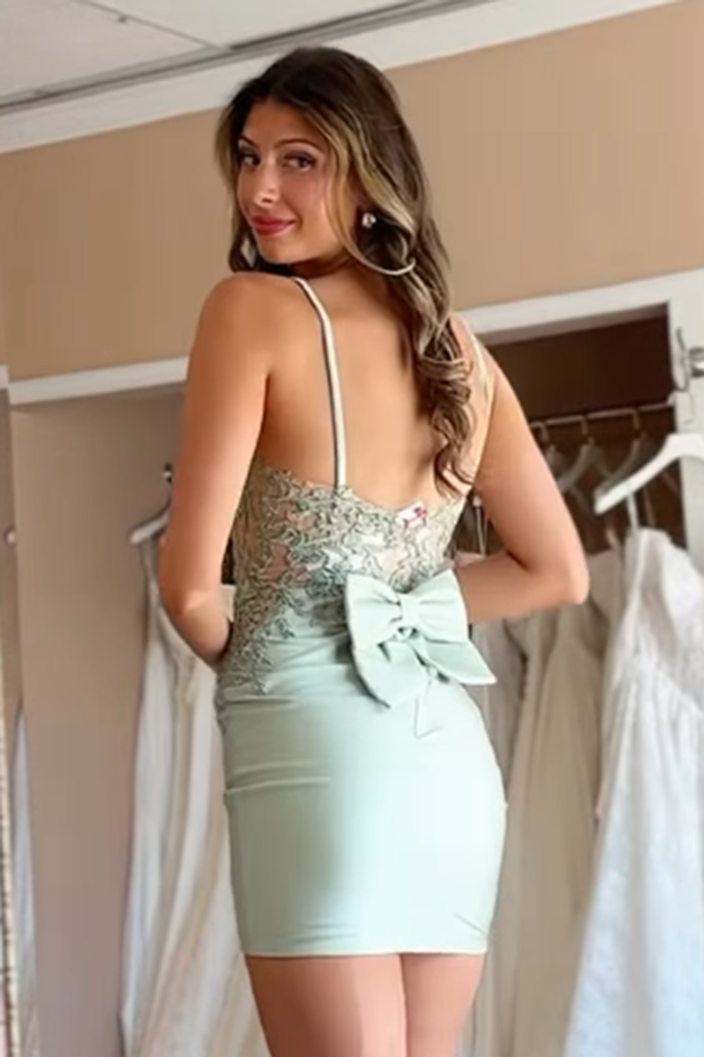 Sage Green Bodycon Appliqued Short Homecoming Dress