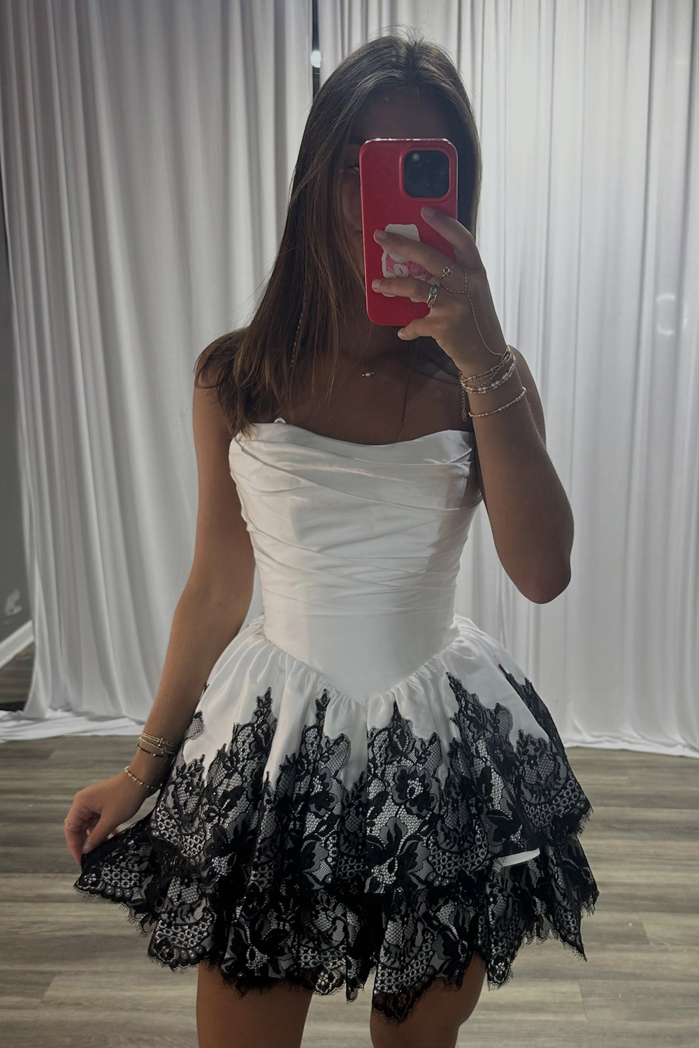 White Strapless Satin Ruffled Short Homecoming Dress Sleeveless Ruched Tiered Cocktail Dress with Lace