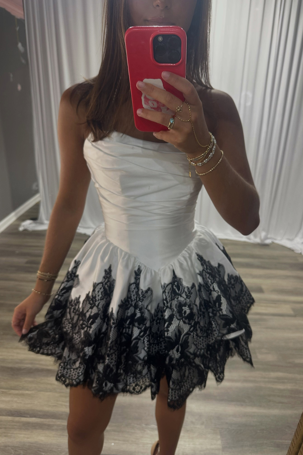 White Strapless Ruched Short Homecoming Dress with Lace