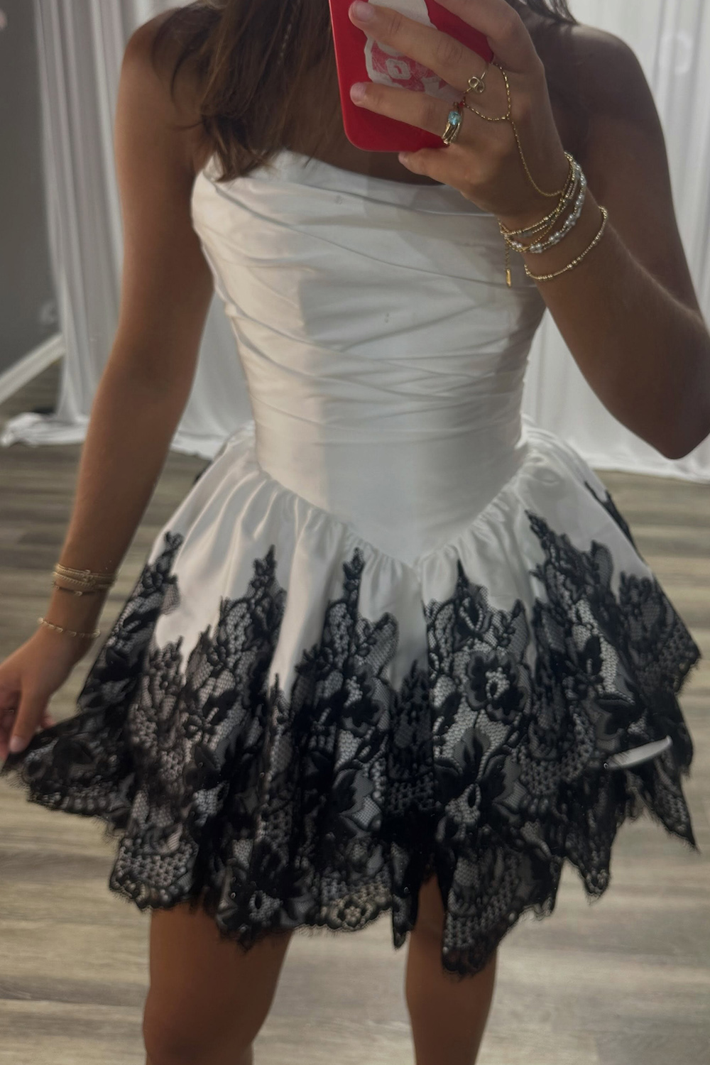 White Strapless Ruched Short Homecoming Dress with Lace
