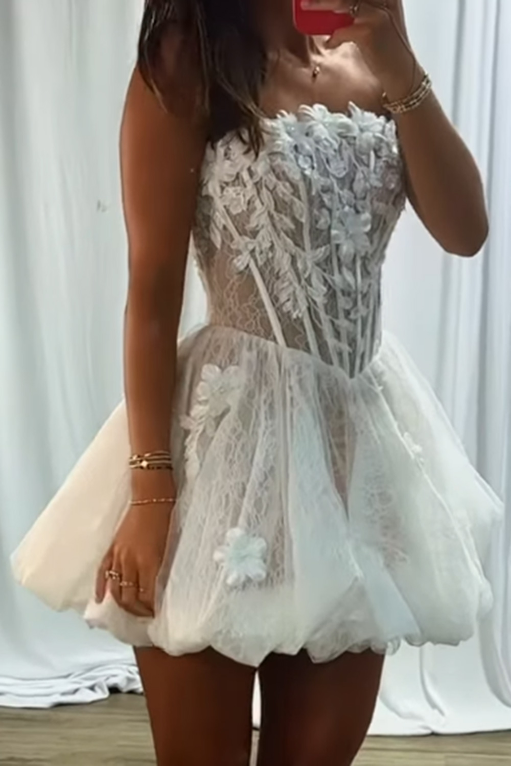 White Corset Strapless Floral Short Homecoming Dress