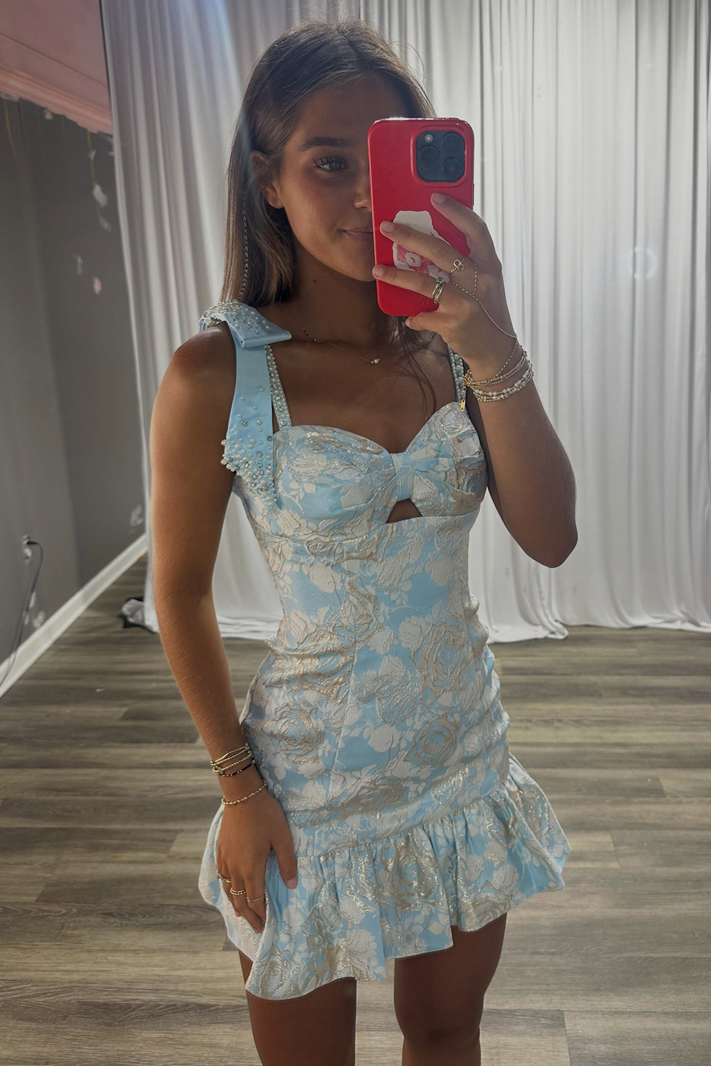Light Blue Floral Printed Jacquard Beaded Short Homecoming Dress with Bow Bodycon Spaghetti Straps Sleeveless Ruffled Keyhole Cocktail Dress