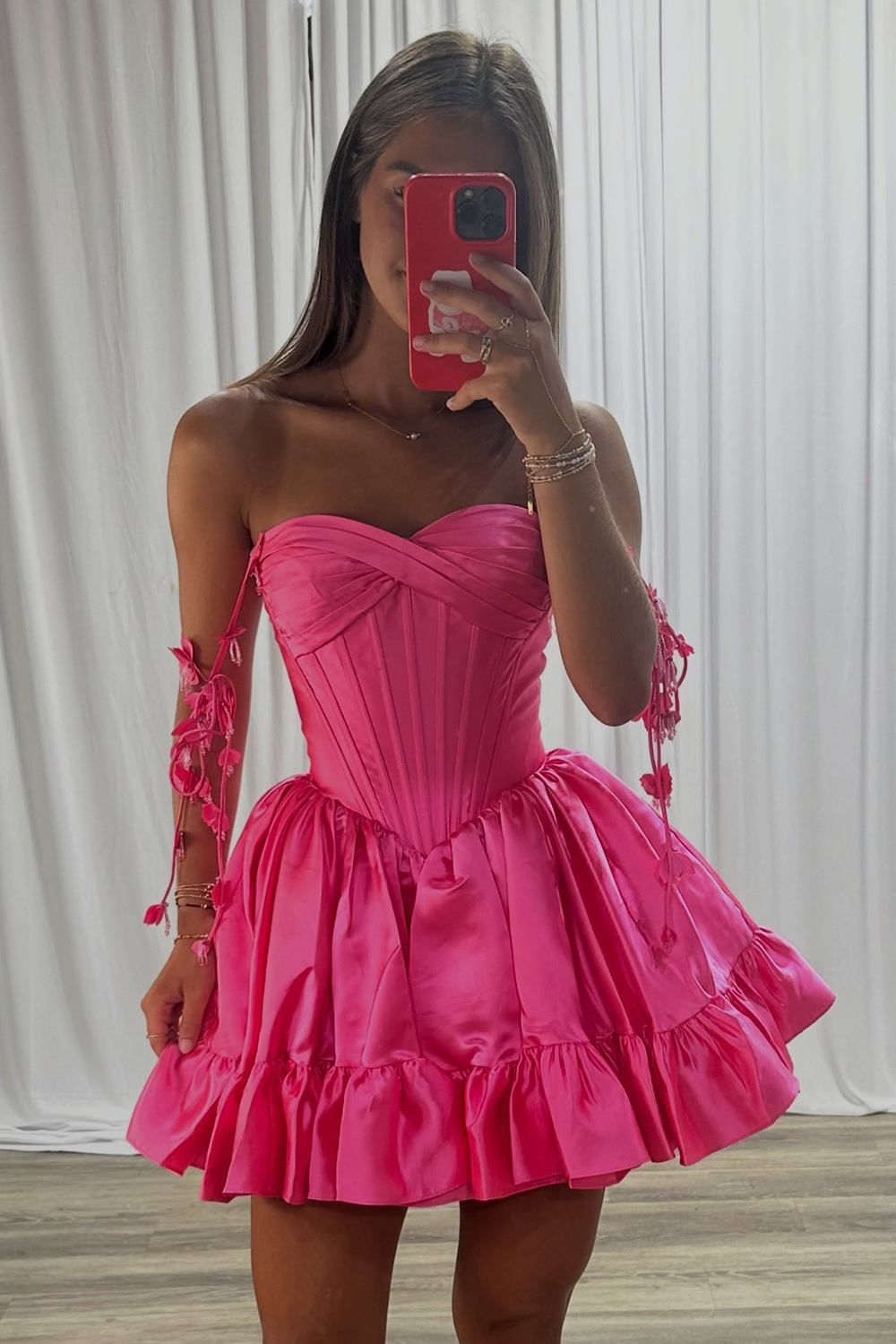 Hot Pink Corset Satin Strapless Short Homecoming Dress Sleeveless Ruffled Ruched A Line Cocktail Dress