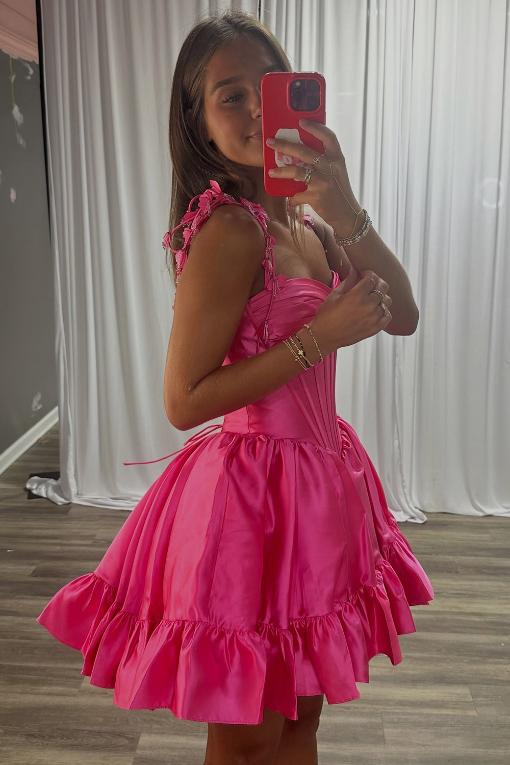Hot Pink Corset Strapless Ruffled Short Homecoming Dress