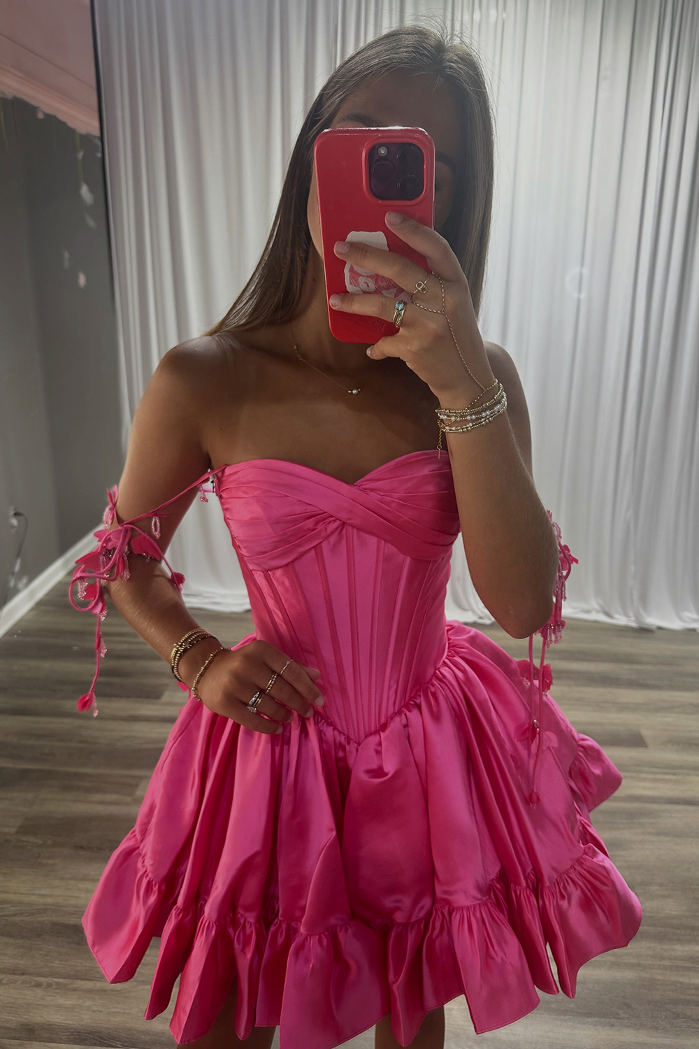 Hot Pink Corset Strapless Ruffled Short Homecoming Dress