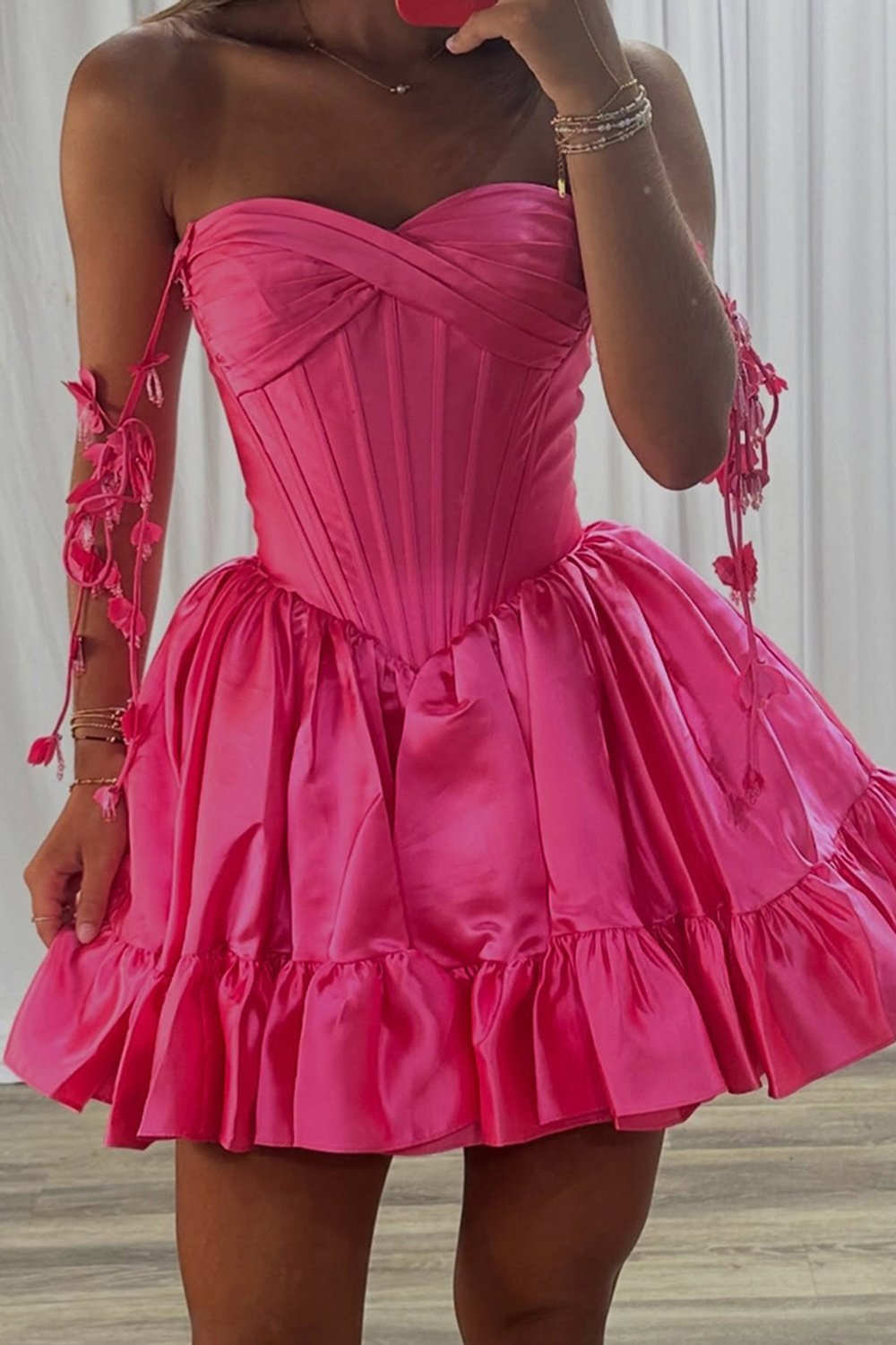 Hot Pink Corset Strapless Ruffled Short Homecoming Dress