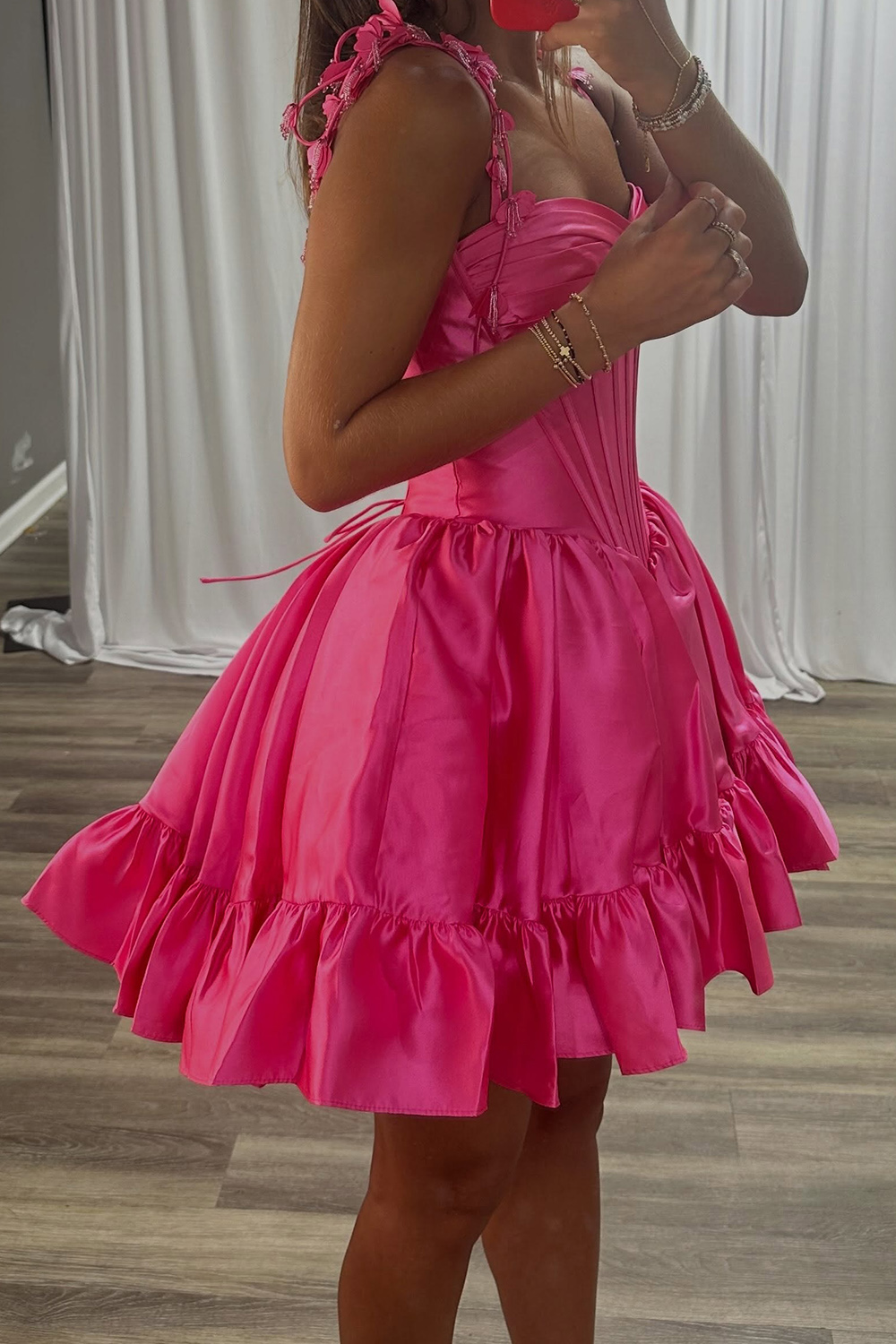 Hot Pink Corset Strapless Ruffled Short Homecoming Dress