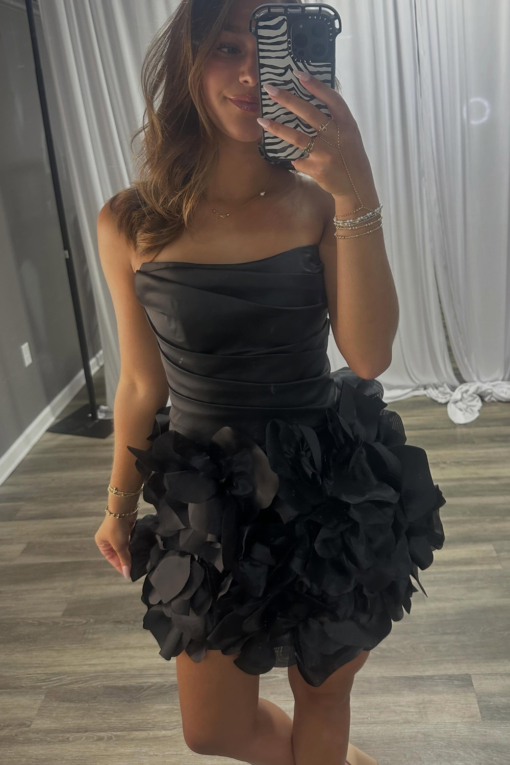 Black Bodycon Strapless Short Homecoming Dress Sleeveless Satin Ruched Cocktail Dress with 3D Flower