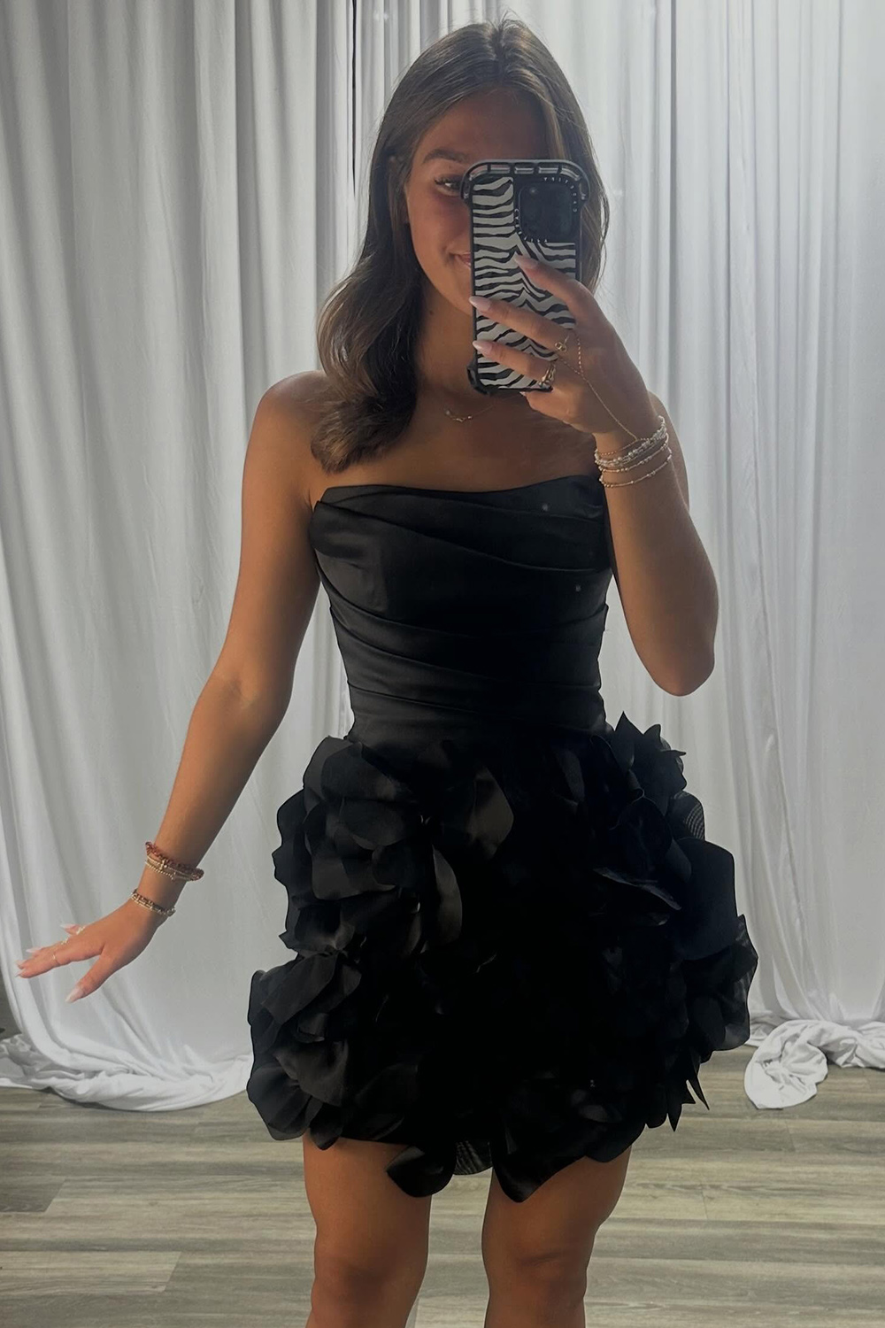 Black Strapless Ruched Short Homecoming Dress with 3D Flower