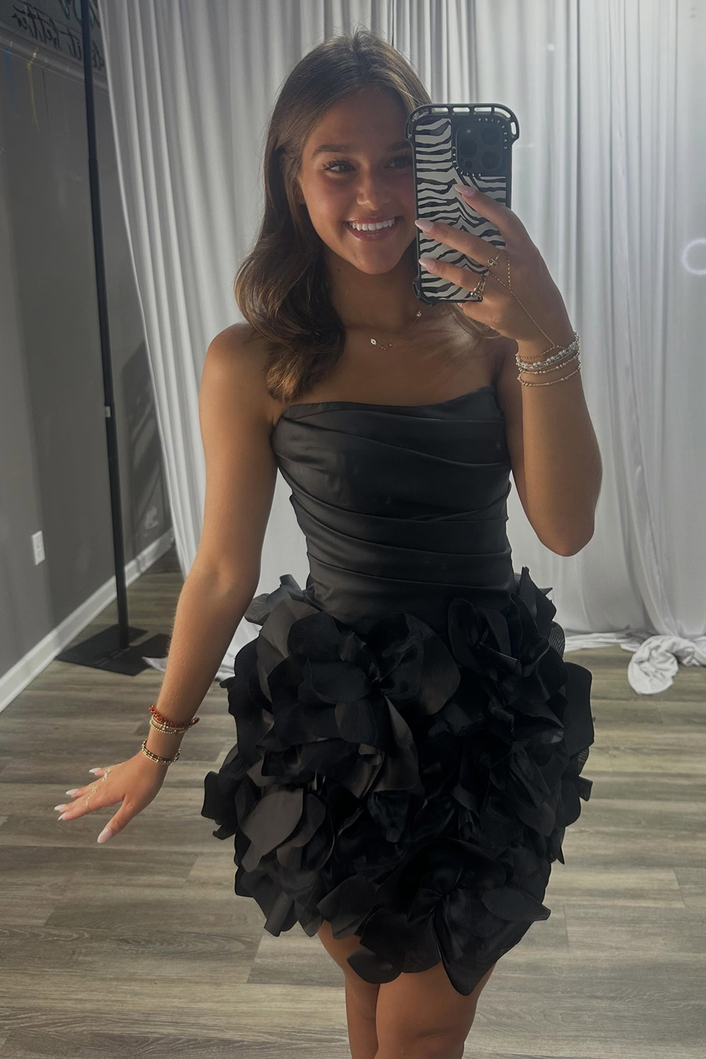 Black Strapless Ruched Short Homecoming Dress with 3D Flower