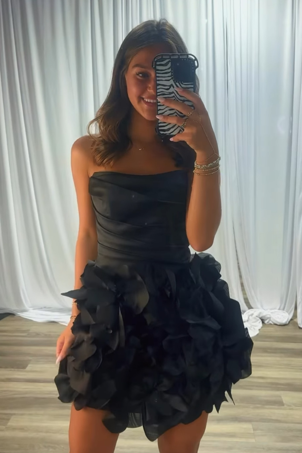 Black Strapless Ruched Short Homecoming Dress with 3D Flower