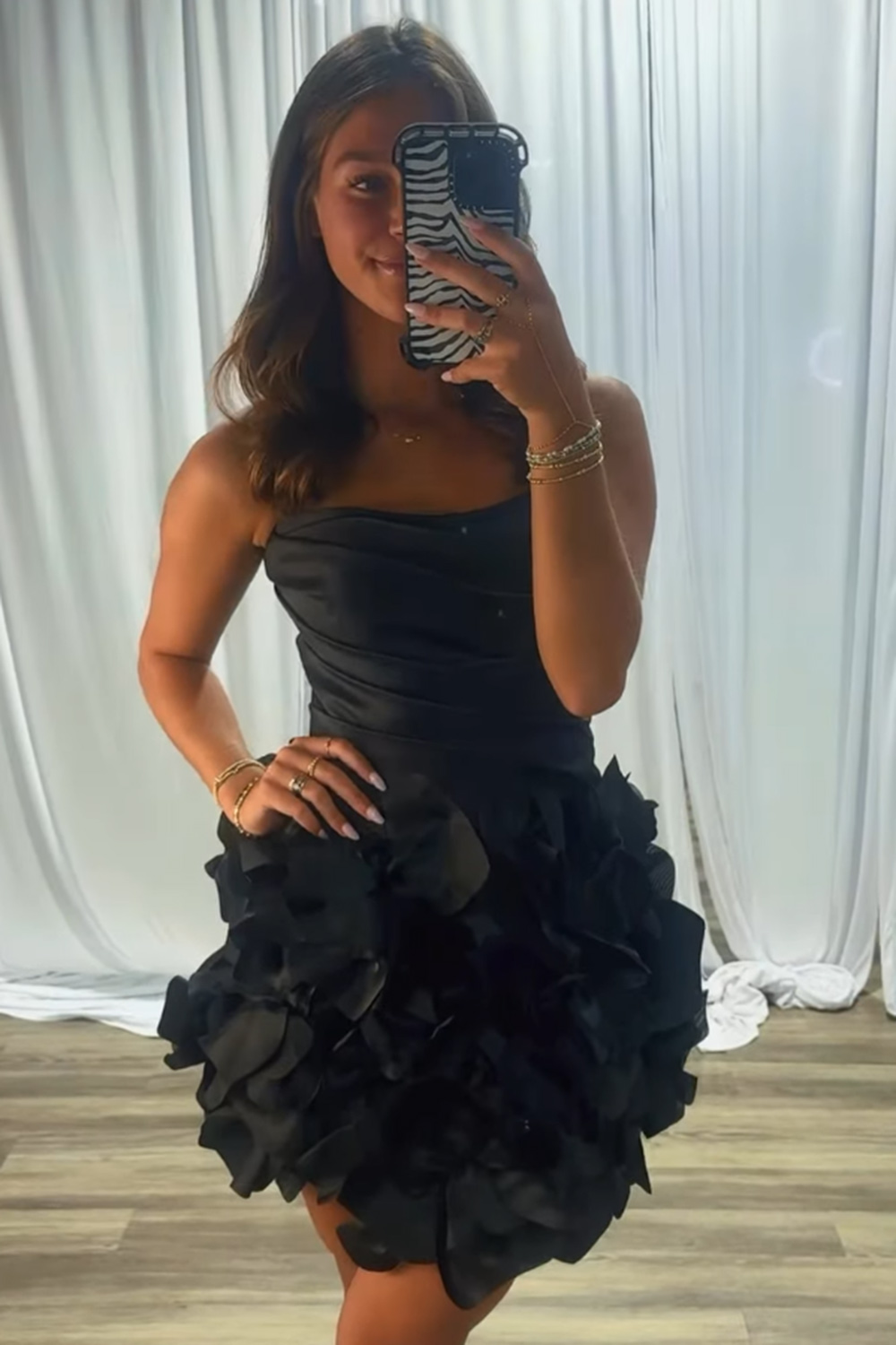 Black Strapless Ruched Short Homecoming Dress with 3D Flower