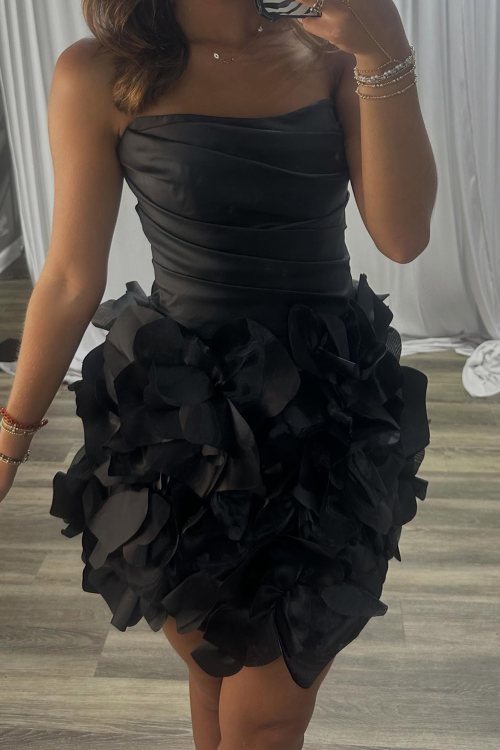 Black Strapless Ruched Short Homecoming Dress with 3D Flower